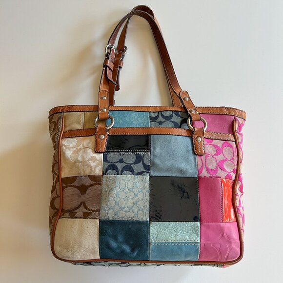 Vintage Y2K Coach Patchwork Pink Blue Leather Signature Print Shoulder Tote Bag - Picture 1 of 12